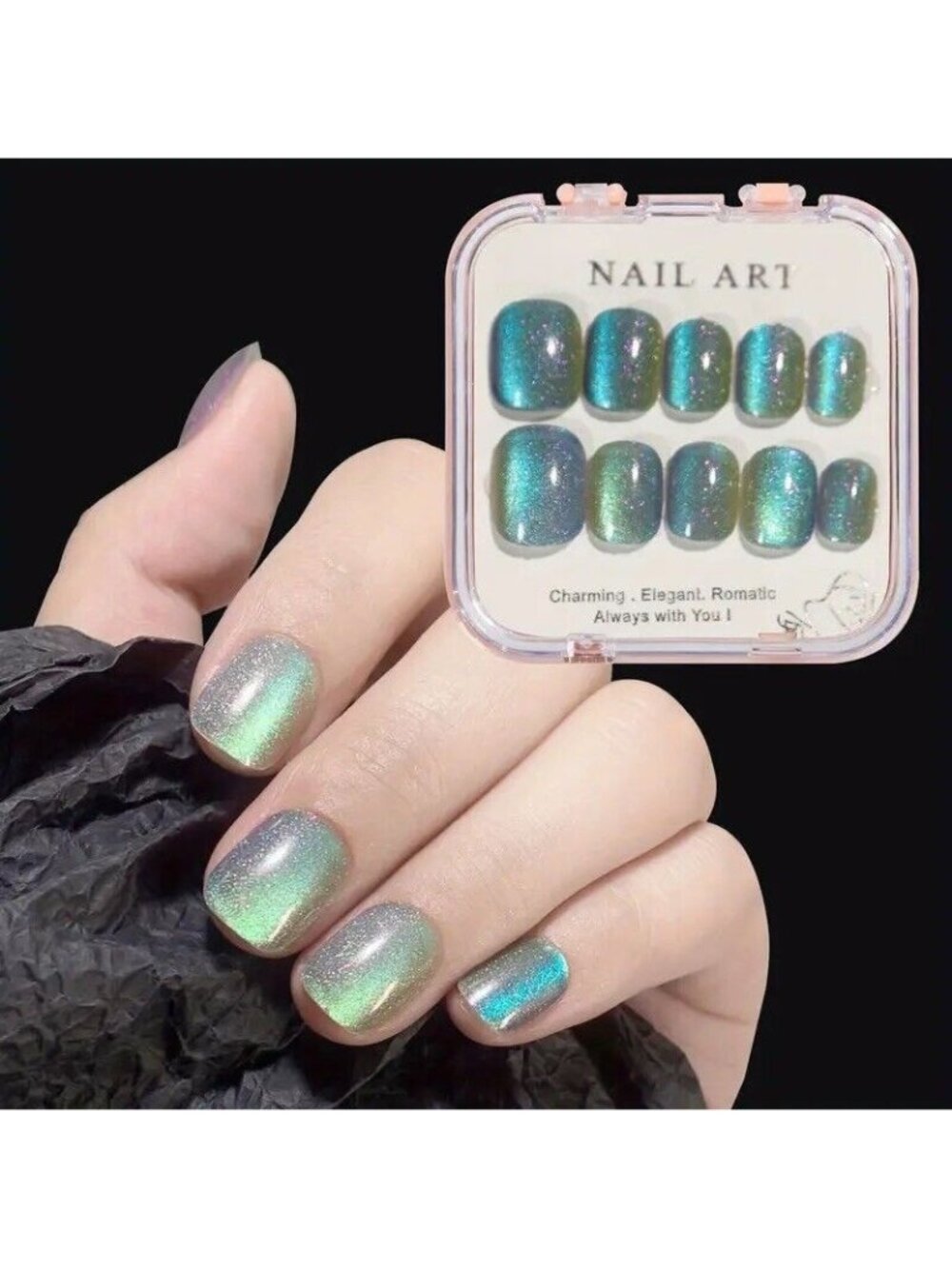 24pcs Green Cat Eye Fake Nails Reflective Glitter Press On Short Square NEW